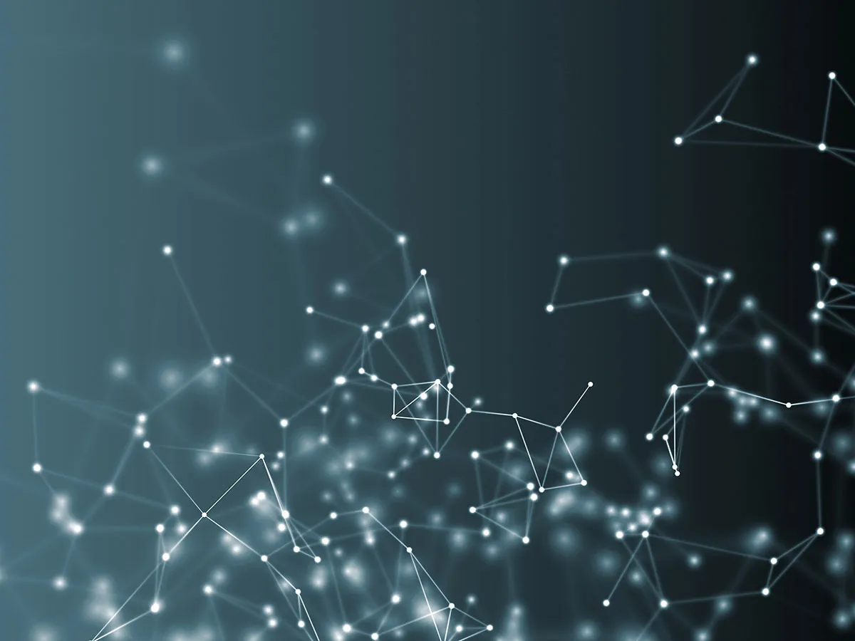 Abstract image of interconnected white dots and lines forming a network pattern on a dark blue gradient background.